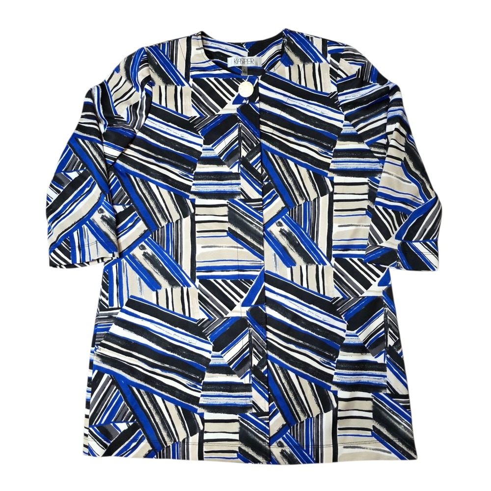 Kasper Jacket Blazer Blue Black‎ Geometric Art Print 3/4 Sleeve One Button Sz 8